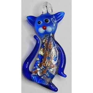 Blue Art Glass Cat Figurine‎ Kitten Pendant Charm Feline Animal Jewelry
